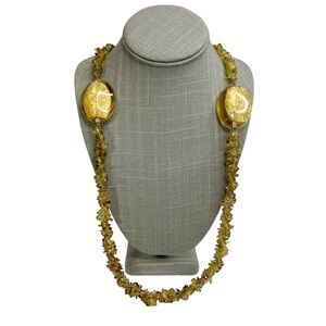 Yellow Amber Color Glass Chip Beaded Twisted Oval Gold Metallic Necklace